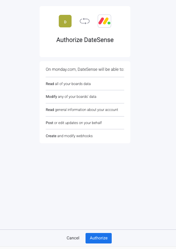 The monday.com permission approval screen for DateSense